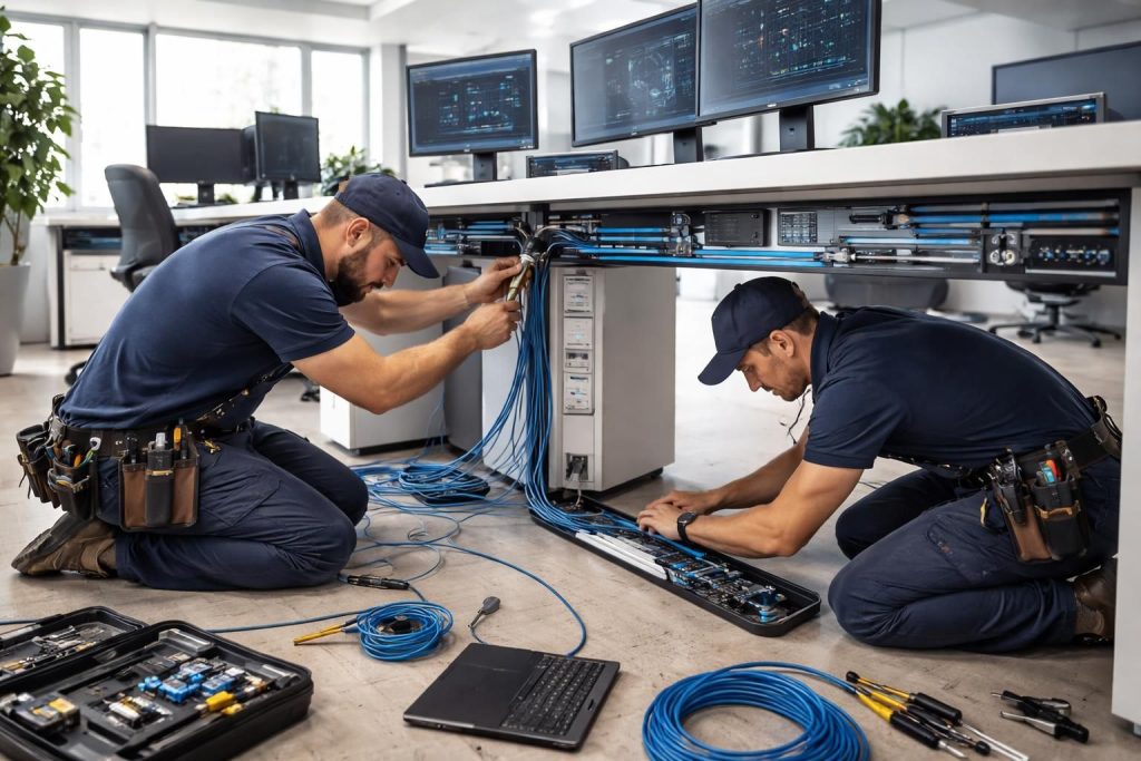 faites aménager votre bureau informatique par des artisans électriciens qualifiés pour un câblage professionnel, sûr et performant, garantissant un espace de travail optimisé et fiable.